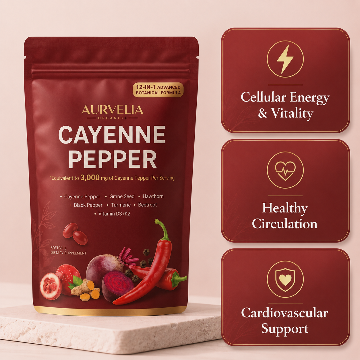 Aurvelia-Organics® Spiceless Cayenne Pepper Softgels